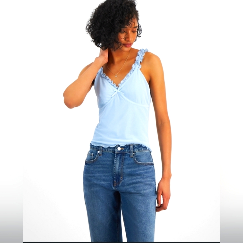 Madden Girl Junior's Mesh Ruffle-Trim Cami Small Baby Blue NEW